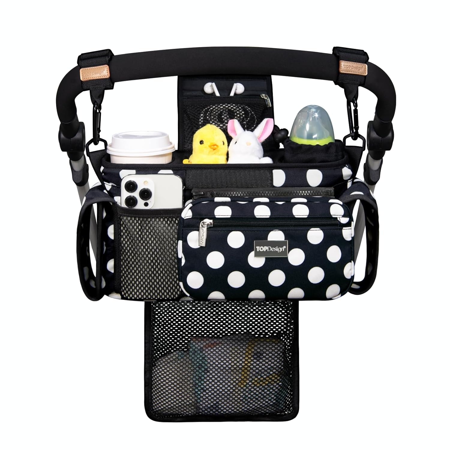 image:imageTOPDesign Universal Baby Stroller Organizer Stroller Caddy with Detachable Mesh Bag amp Heightened Insulated Cup Holders amp NonSlip Secure Hooks Accessories Fits Most Strollers BlackPolka Dots