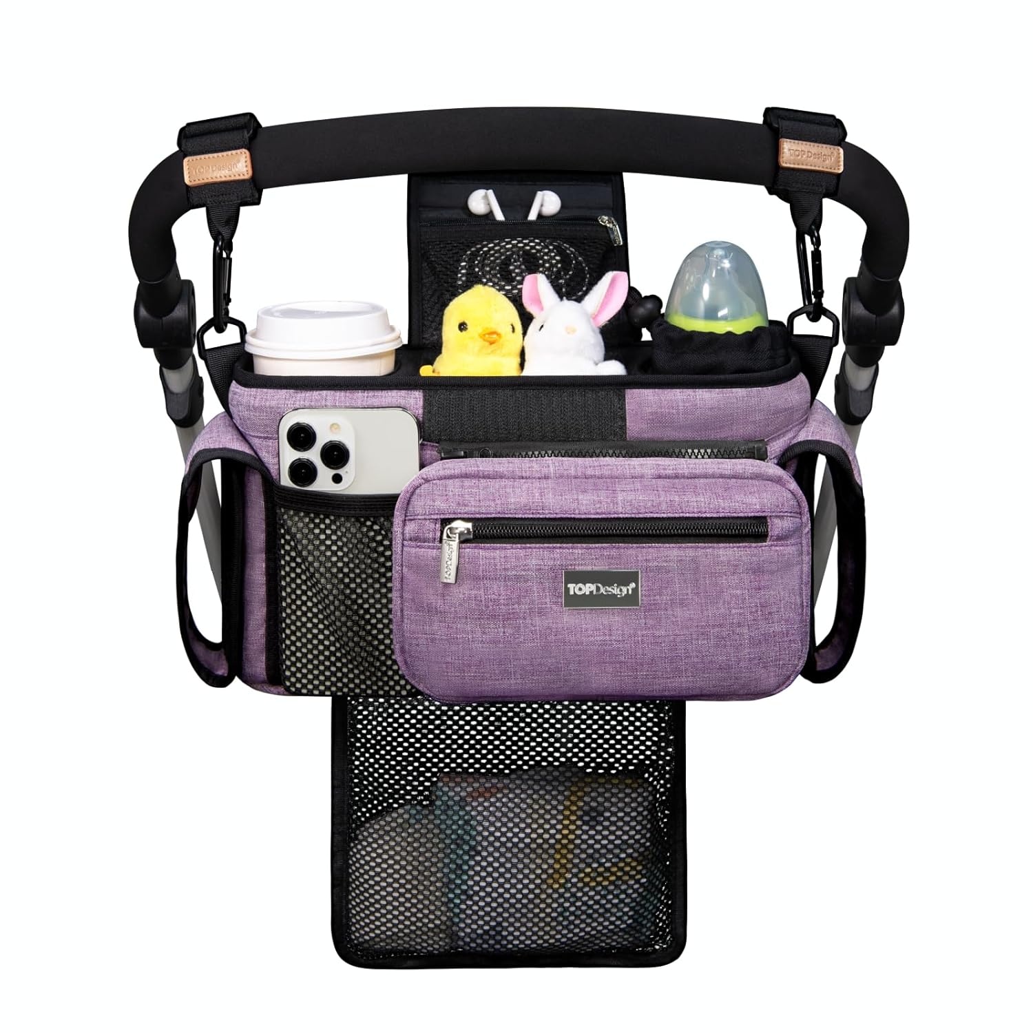 image:imageTOPDesign Universal Baby Stroller Organizer Stroller Caddy with Detachable Mesh Bag amp Heightened Insulated Cup Holders amp NonSlip Secure Hooks Accessories Fits Most Strollers BlackPurple