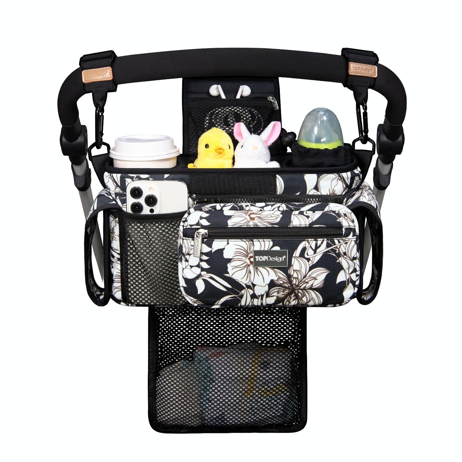 image:imageTOPDesign Universal Baby Stroller Organizer Stroller Caddy with Detachable Mesh Bag amp Heightened Insulated Cup Holders amp NonSlip Secure Hooks Accessories Fits Most Strollers BlackMorning Glory
