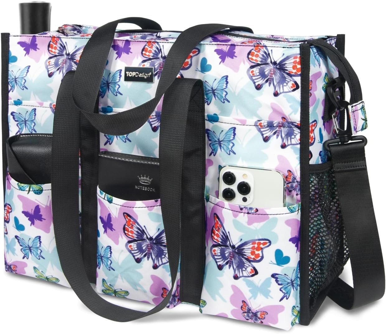 image:imageTOPDesign Utility Water Resistant Tote Bag with 22 Pockets Top Zipper Closure amp Thick Bottom Support for Working WomenButterfly