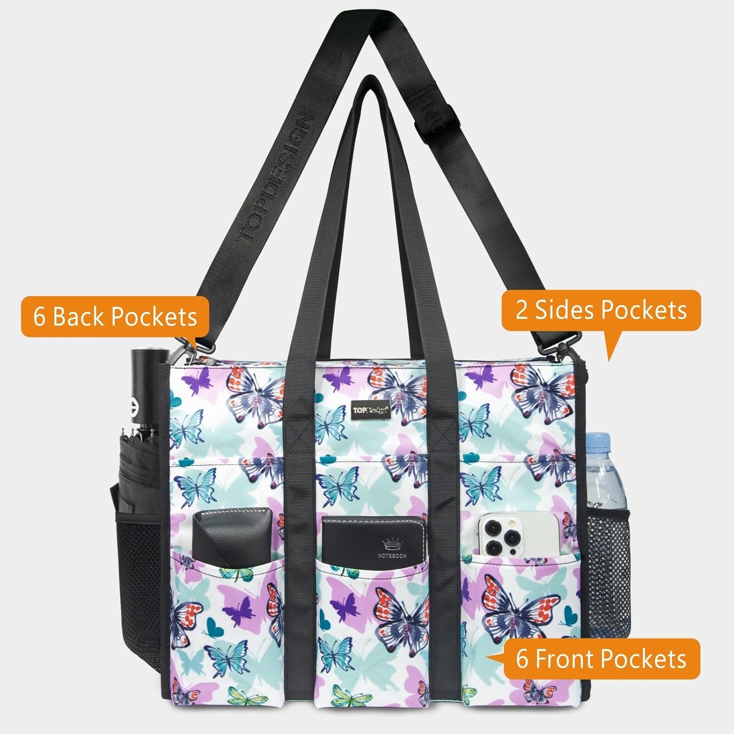 image:imageTOPDesign Utility Water Resistant Tote Bag with 22 Pockets Top Zipper Closure amp Thick Bottom Support for Working WomenButterfly