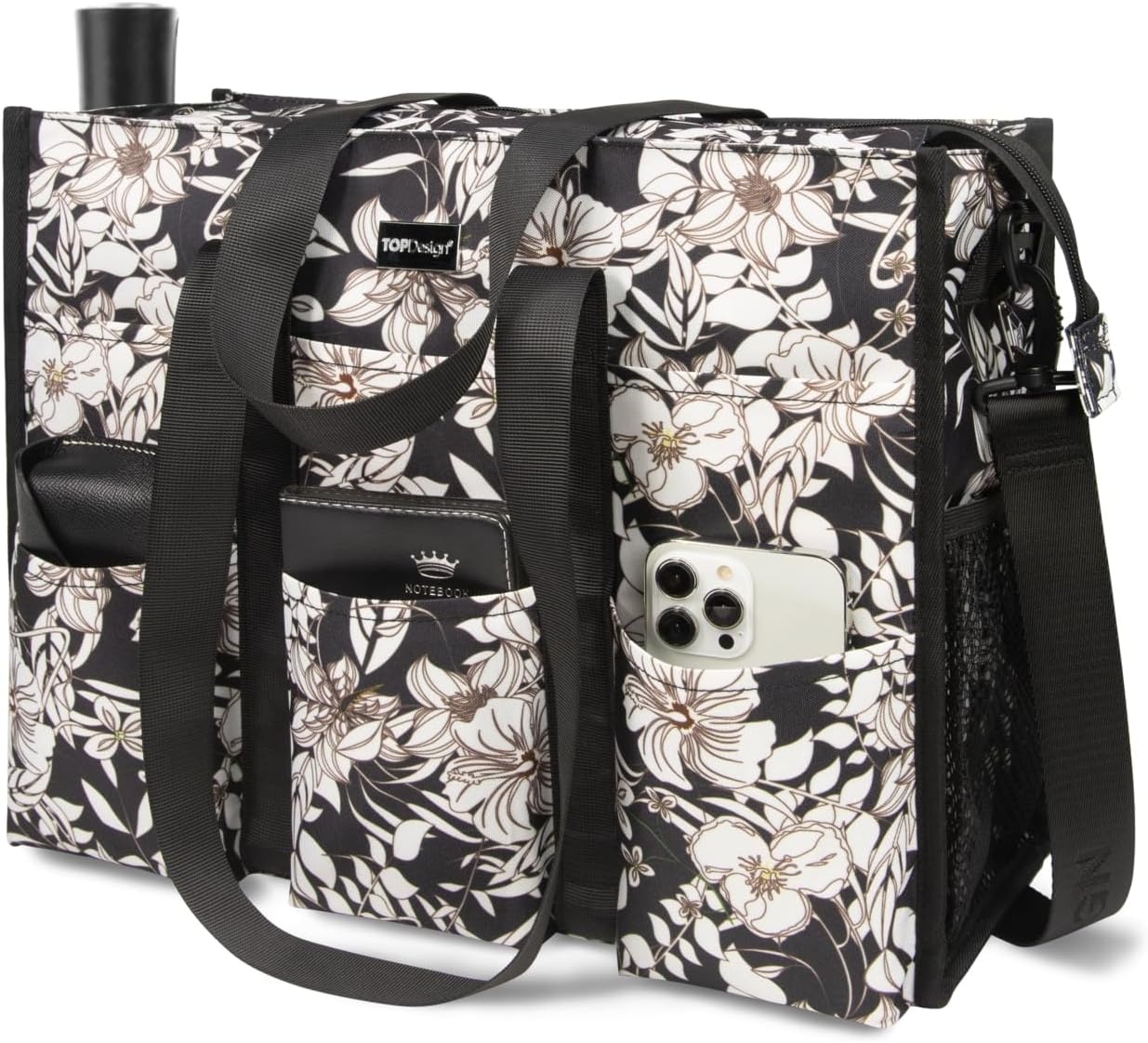 image:imageTOPDesign Utility Water Resistant Tote Bag with 22 Pockets Top Zipper Closure amp Thick Bottom Support for Working WomenMorning Glory