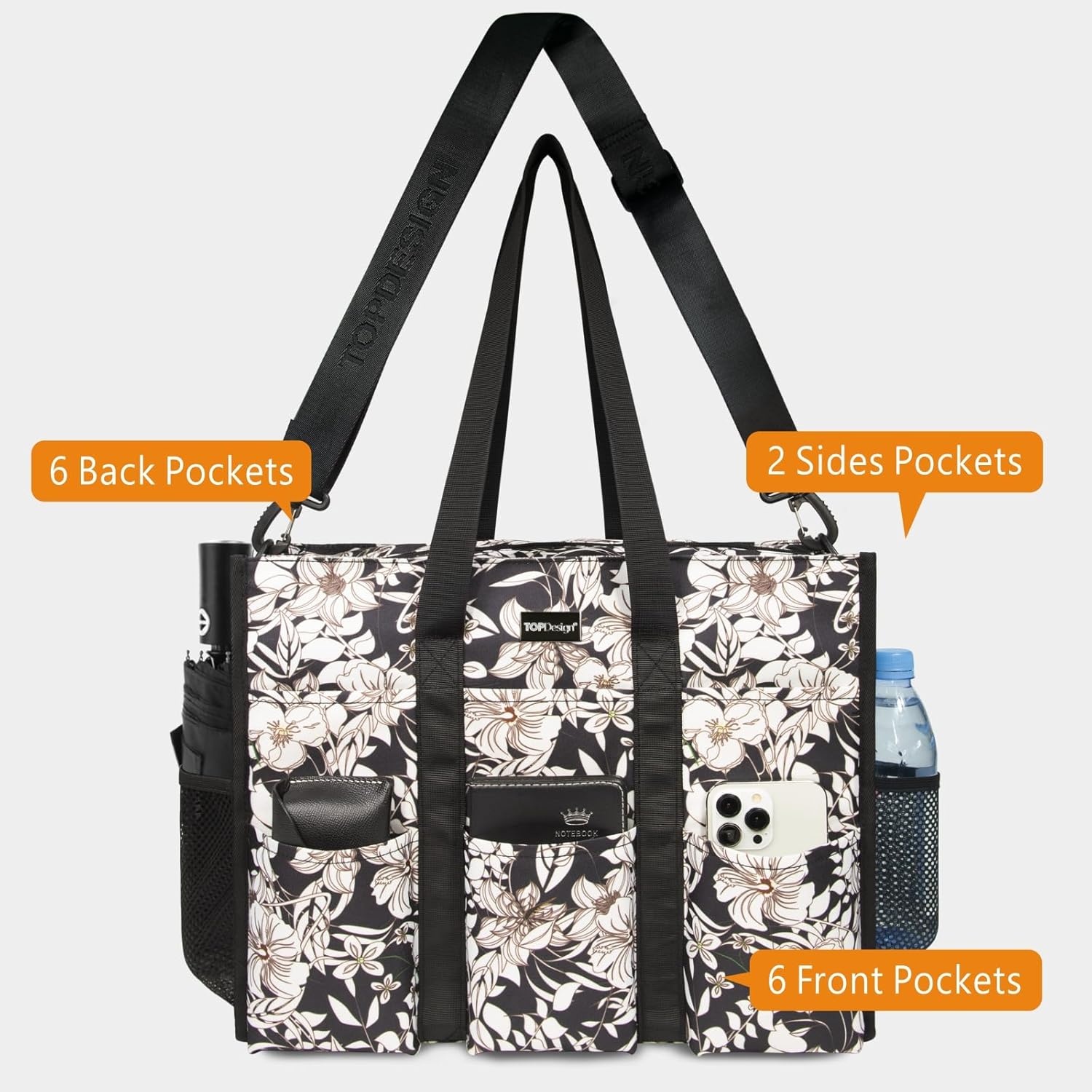 image:imageTOPDesign Utility Water Resistant Tote Bag with 22 Pockets Top Zipper Closure amp Thick Bottom Support for Working WomenMorning Glory