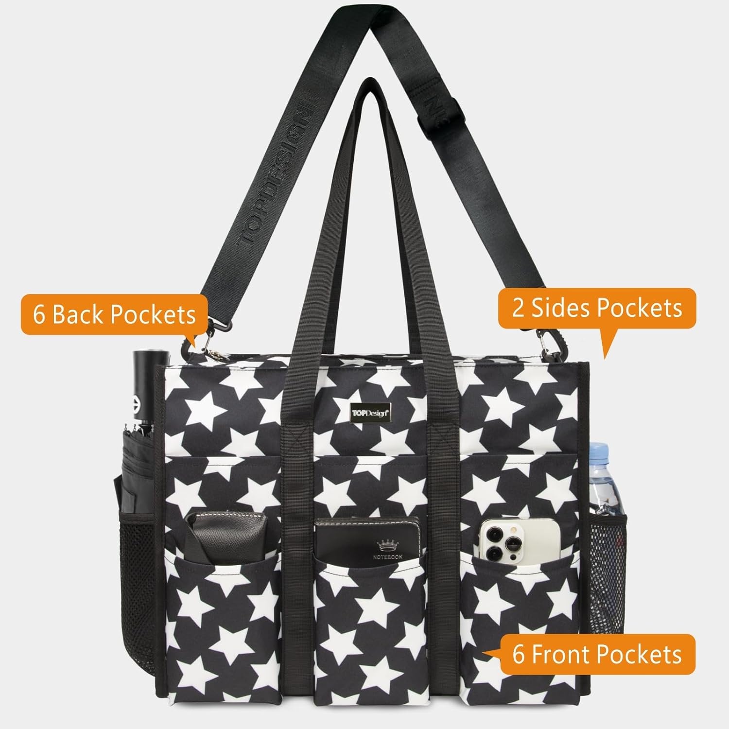 image:imageTOPDesign Utility Water Resistant Tote Bag with 22 Pockets Top Zipper Closure amp Thick Bottom Support for Working WomenPentagram