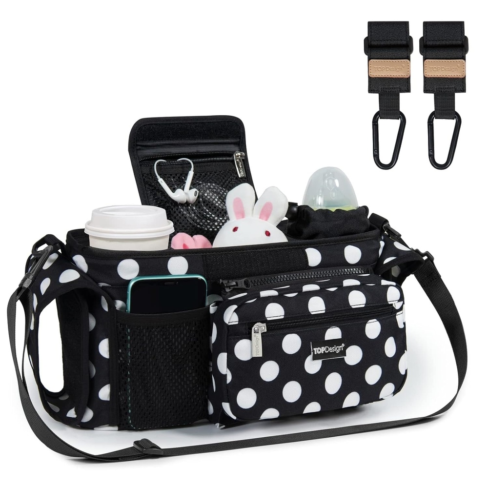 image:imageTOPDesign Universal Baby Stroller Organizer Stroller Caddy with Detachable Mesh Bag amp Heightened Insulated Cup Holders amp NonSlip Secure Hooks Accessories Fits Most Strollers BlackPolka Dots