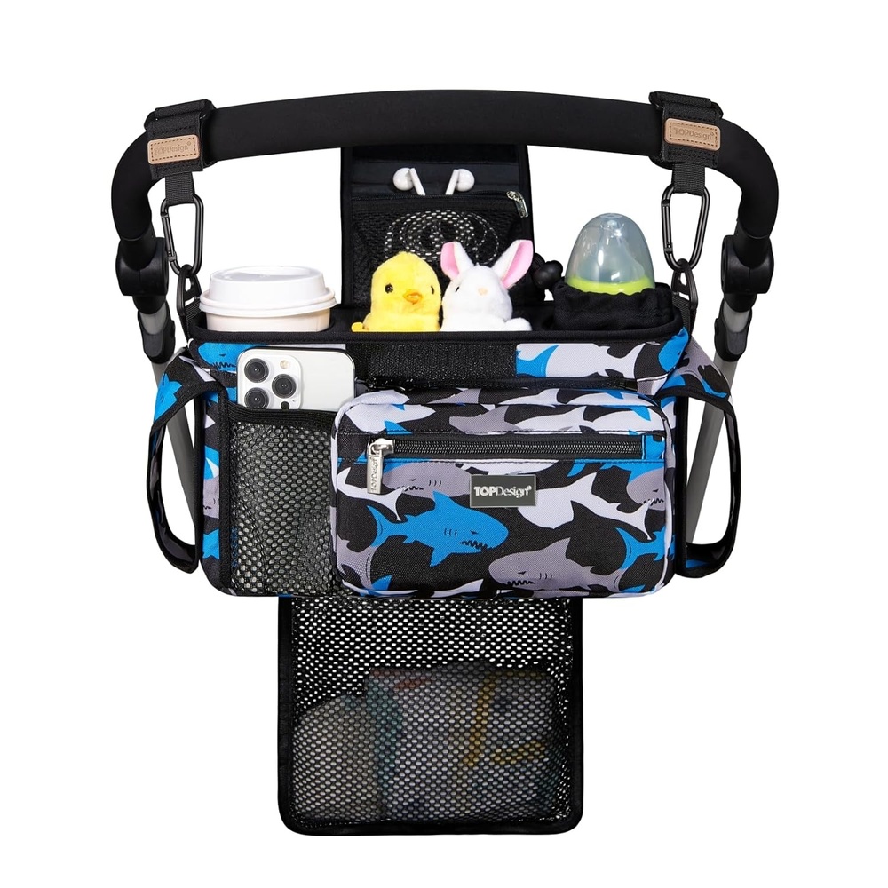 image:imageTOPDesign Universal Baby Stroller Organizer Stroller Caddy with Detachable Mesh Bag amp Heightened Insulated Cup Holders amp NonSlip Secure Hooks Accessories Fits Most Strollers BlackSharks