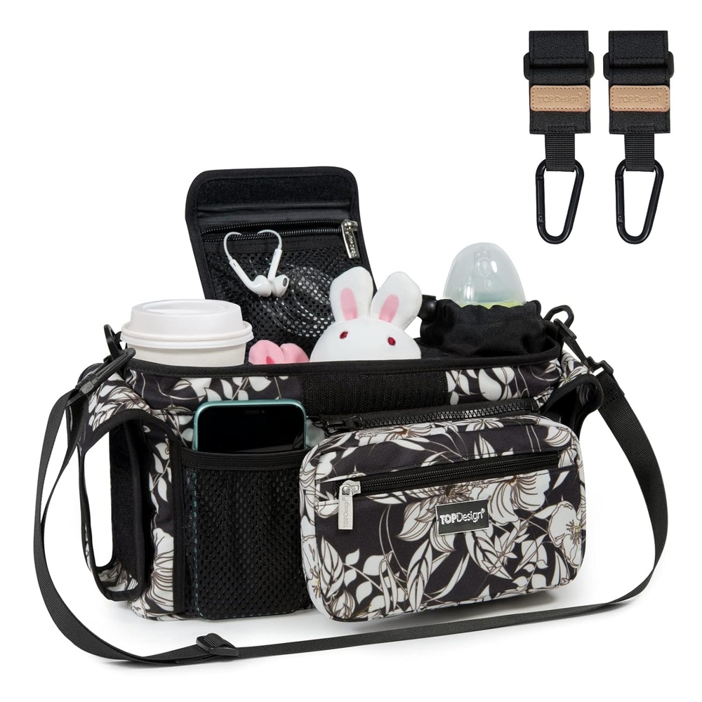 image:imageTOPDesign Universal Baby Stroller Organizer Stroller Caddy with Detachable Mesh Bag amp Heightened Insulated Cup Holders amp NonSlip Secure Hooks Accessories Fits Most Strollers BlackMorning Glory