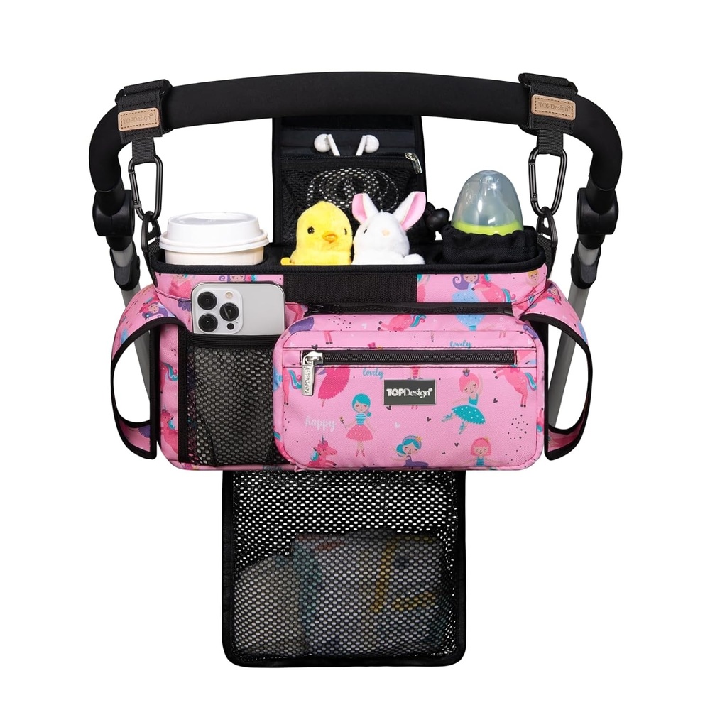 image:imageTOPDesign Universal Baby Stroller Organizer Stroller Caddy with Detachable Mesh Bag amp Heightened Insulated Cup Holders amp NonSlip Secure Hooks Accessories Fits Most Strollers BlackUnicorns Girls