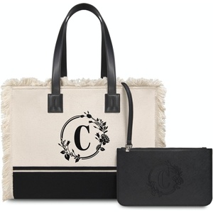 image:imageTOPDesign Initial Canvas Tote Bag for Women Personalized Birthday Gift Casual Tassel Handbag with Wristlet Clutch