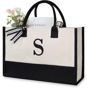 image:imageTOPDesign Personalized Initial Canvas Beach Bag Monogrammed Gift Tote Bag for WomenBlack  White