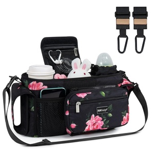 image:imageTOPDesign Universal Baby Stroller Organizer Stroller Caddy with Detachable Mesh Bag amp Heightened Insulated Cup Holders amp NonSlip Secure Hooks Accessories Fits Most Strollers BlackPeony